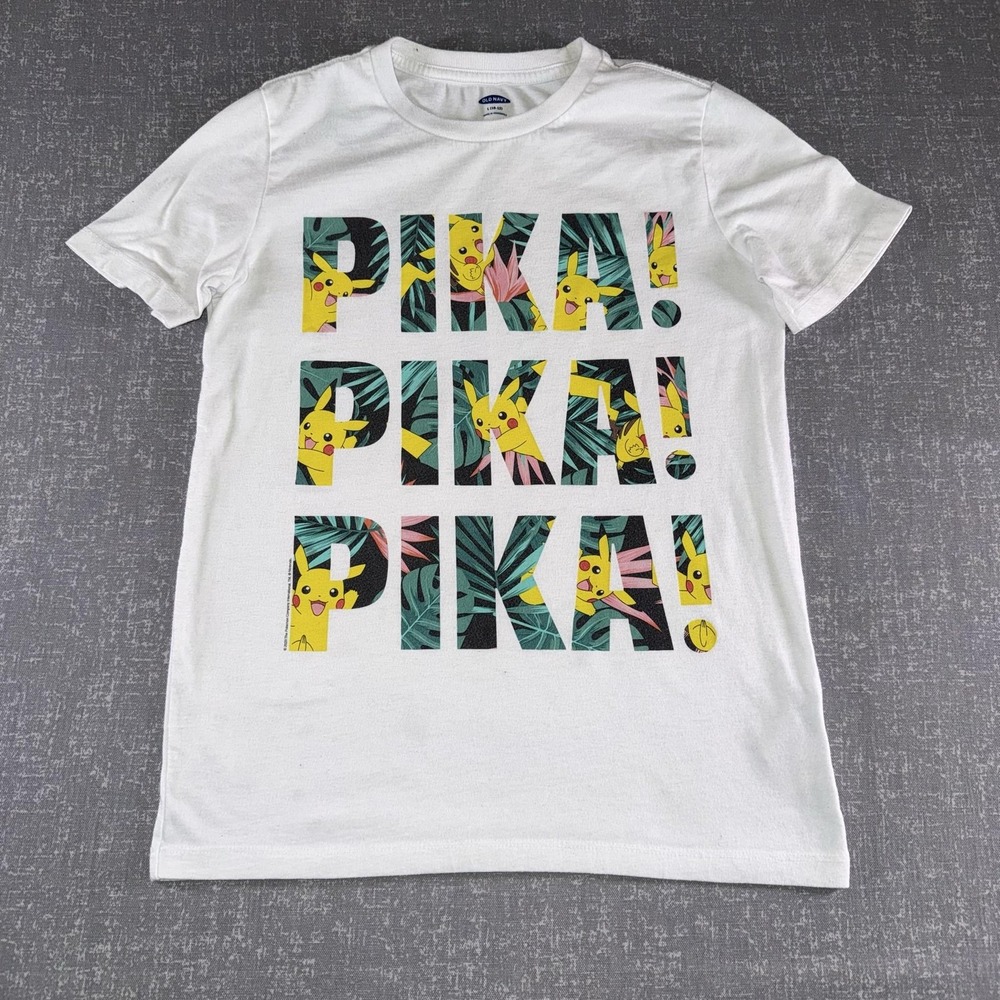 Pokemon Pikachu Shirt Kids Large 10-12 White Pika Tropical Graphic Tee Old Navy